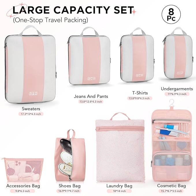 OlarHike 8 Set Compression Packing Cubes for Travel Essentials,Compressible Expandable Space Saver Bags for Organizing Clothes,Luggage Suitcase Garment Bags with Over 1000 pcs Mesh Holes(Pink) - Image 2