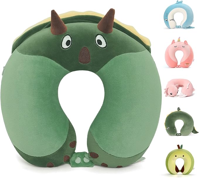 Memory Foam Travel Neck Pillow for Teens and Adults, Dinosaur Design | Removable cover, machine washable, 360-degree head & chin support, 17 in neck size for teens and adults, car & airplane use by NiuniuDaddy