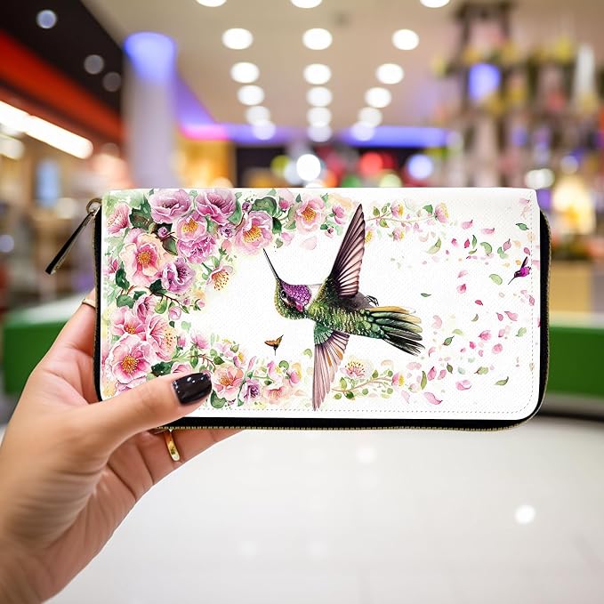 Wallet,Leather Long Wallet Suitable For Ladies And Teenagers - Detachable Wristband + RFID Travel Wallet With Card Slot - Hummingbird and Flowers - Image 4