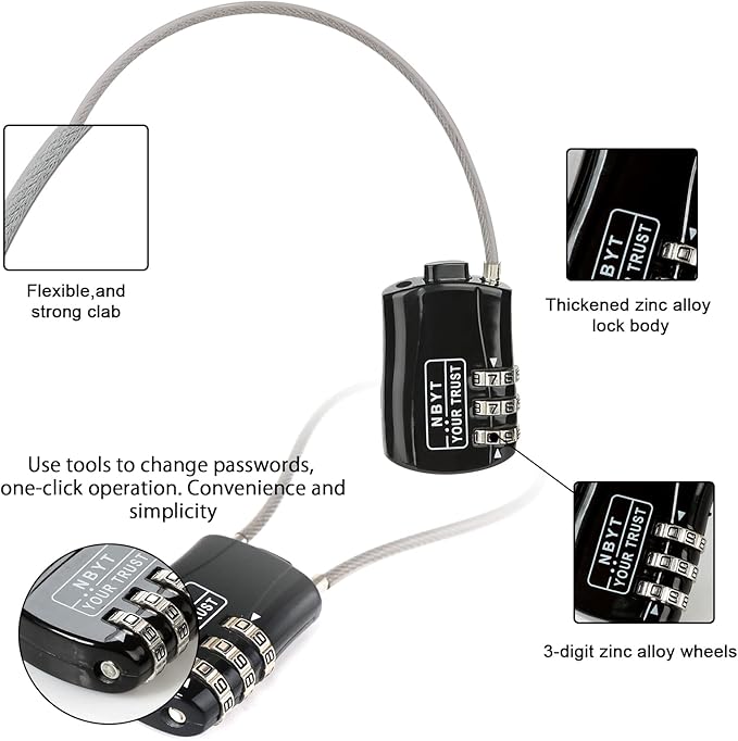 Cable Lock with Combination, Wire Diameter 3/24", 8.3" Circumference, Suitable for Travel Luggage, Backpack, Cycling Helmet, Small Cabinet, Gym Cabinet, Suitcase - Image 3