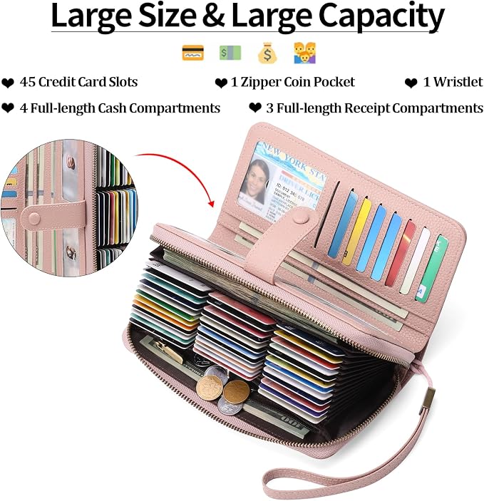 GAEKEAO Leather Credit Card Holder Wallet for Women RFID Blocking Large Capacity Bifold Zipper Card Case Organizer with Wristlet 45 Slots - Image 2