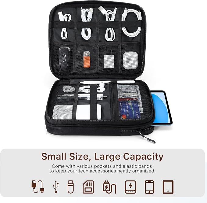 Dadanism Electronics Travel Organizer Case, Double Layers Cord Organizer | Travel All-in-One Storage Bag for Cable, Cord, iPad, Chargers, fits 9-11'' Tablets, Portable Tech Accessories Bag, Black - Image 3
