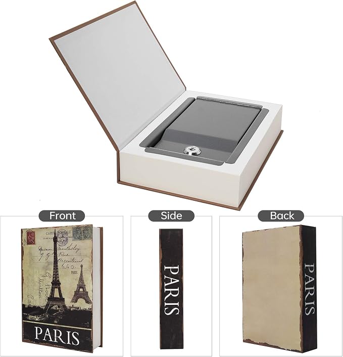 Real Paper Transfer Book Safe, Hollow with Secret Hidden Compartment, Key Lock, 8.7"×6"×2" (Paris-Key) - Image 3
