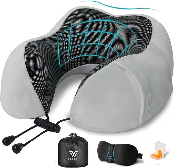 Airplane Travel Neck Pillow, 100% Memory Foam Ergonomic Neck Support, Airplanes Neck Pillow with Washable Cover Travel Essential for Flight & Office include Eye Mask, Earplugs & Carry Bag (Light Gray) by Yorgan