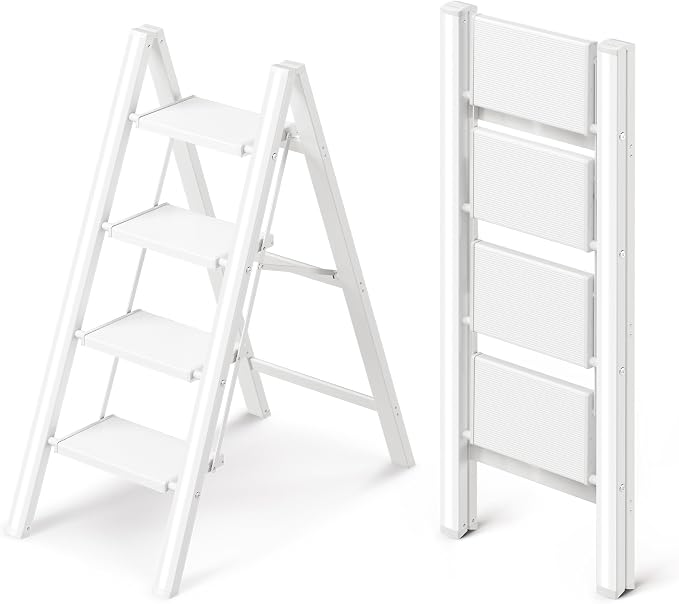 4 Step Ladder, Foldable Aluminum Step Stool with Anti-Slip Pedal | Lightweight yet Sturdy, Portable, Non Slip Feet, 300Lbs Capacity, Elegant Look, for Kitchen, Closet, Pantry, White by GameGem