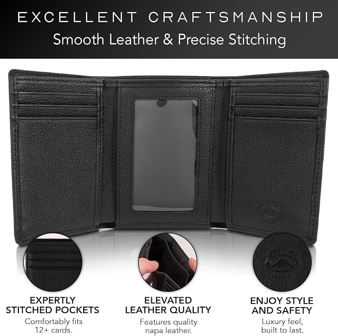 Stealth Mode Trifold Leather Wallet for Men with RFID Blocking | Black Pebble Top Grain Napa Leather, 9 Card Slots, ID Window, Gift Box – Gift for Dad, Husband, or Son - Image 3