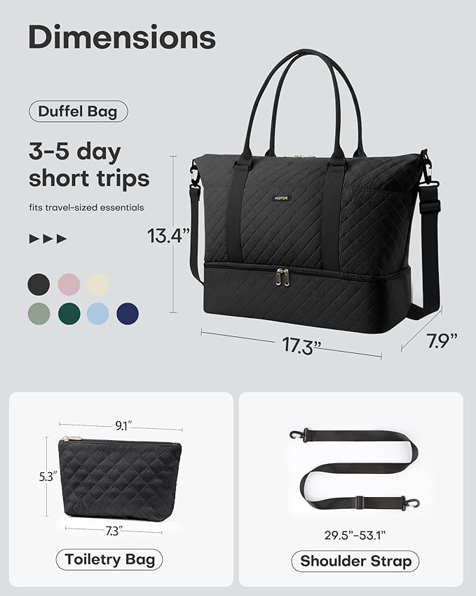 HOTOR Travel Duffel Bag - Weekender Bags for Women, Carry On Gym Tote Bags | with Toiletry Bag & Shoe Compartment, Overnight Bag for Travel Essentials and Travel Accessories, Black, 13.4"×17.3"×7.9" - Image 3