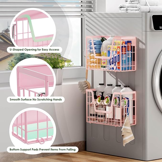 Pink Magnetic Shelf for Fridge, 2 Set Magnetic Fruit Baskets for Refrigerator Magnet Shelves, Potato and Onion Storage Bins, Magnet Holder Wire Basket for Laundry Room Pantry Kitchen Organizer - Image 4