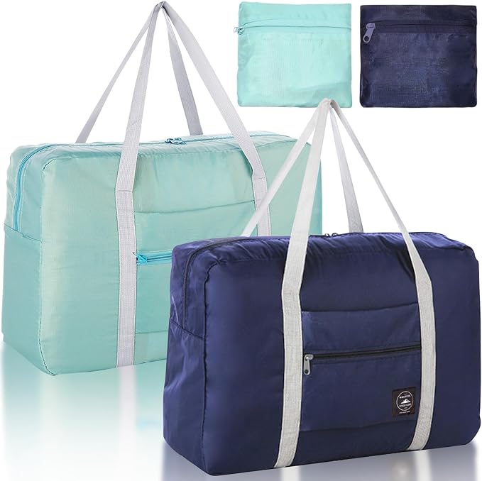Foldable Travel Duffel Bag 2PCS Tote Carry on Luggage Bag Spirit Airlines Personal item Sports Gym Bag Water Resistant Weekender Overnight Bags for Women and Men (Green+Blue) by INVODA