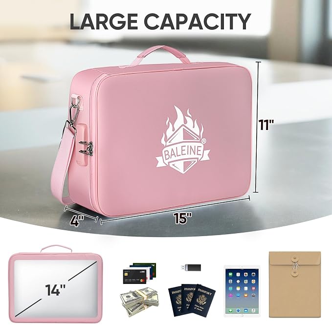 BALEINE Fireproof Document Box with Lock, Portable Fireproof Document Bag Waterproof Fire Proof File Boxes for Documents, File Organizer Box for Important Paperwork (Pink, 15''x11''x4'') - Image 3