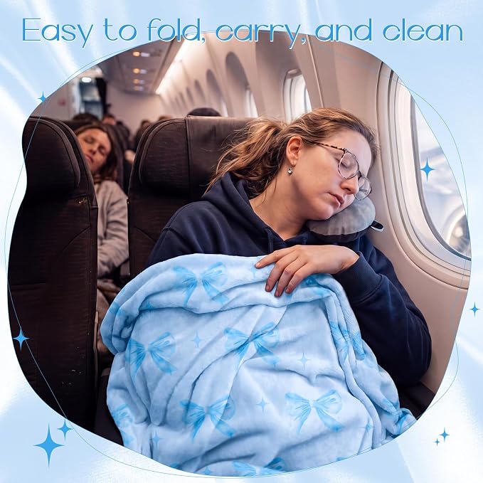 Pink Blue Bow Travel Blanket Airplane and Pillow Compact 2 in 1 Soft Fleece Travel Blanket and Pillow Set with Luggage Sleeve Backpack Clip Compact Airplane Essentials Gifts, 40"x60"(Blue) - Image 5