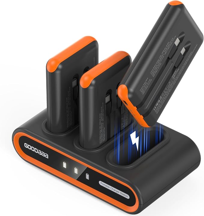 GOODaaa Portable Charger, 3-Pack 10000mAh Slim Power Bank Built in Cables, 3 Outputs 1 Inputs Family Power Hub for All Mobile Devices, Charging Station Set Includes 140 DlY Stickers, for Home,Office by GOODaaa