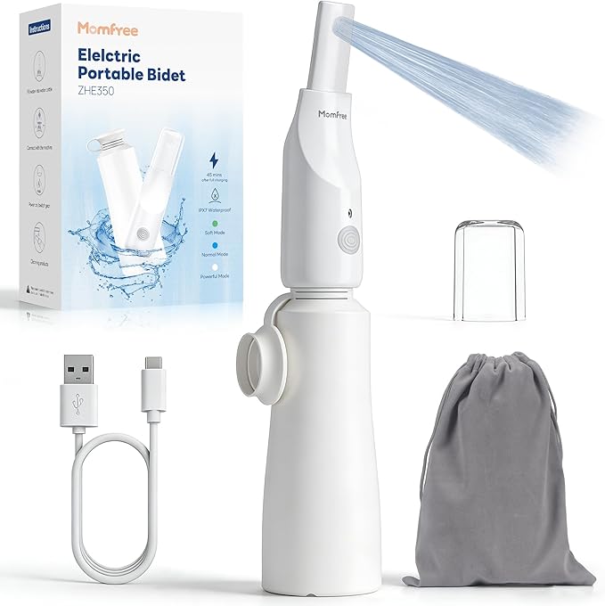 Portable Bidet for Travel - Rechargeable Electric Travel Bidet Peri Bottle with Adaptor & 3 Speed Modes, IPX7 Waterproof Portable Bidet for Women Men Baby Pregnancy Postpartum Personal Hygiene by Momfree