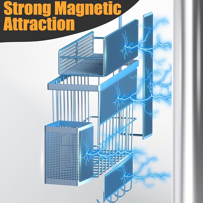 Magnetic Spice Rack for Refrigerator, 7 Pack Metal Magnetic Shelf, Moveable Magnetic Storage Fridge Organizer, Spice Organizer, Hook Rack, Paper Towel Holder, Utensils and Cutting Board Holder, Blue - Image 3