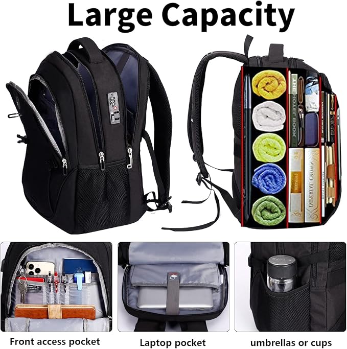 SHRRADOO Travel Laptop Backpack for Men Women, College High Schoolbag | Anti Theft Backpacks with Combination Lock, Carry On Flight Approved, Fit 17 Inch Laptop, Bookbag Work School Backpack - Image 3