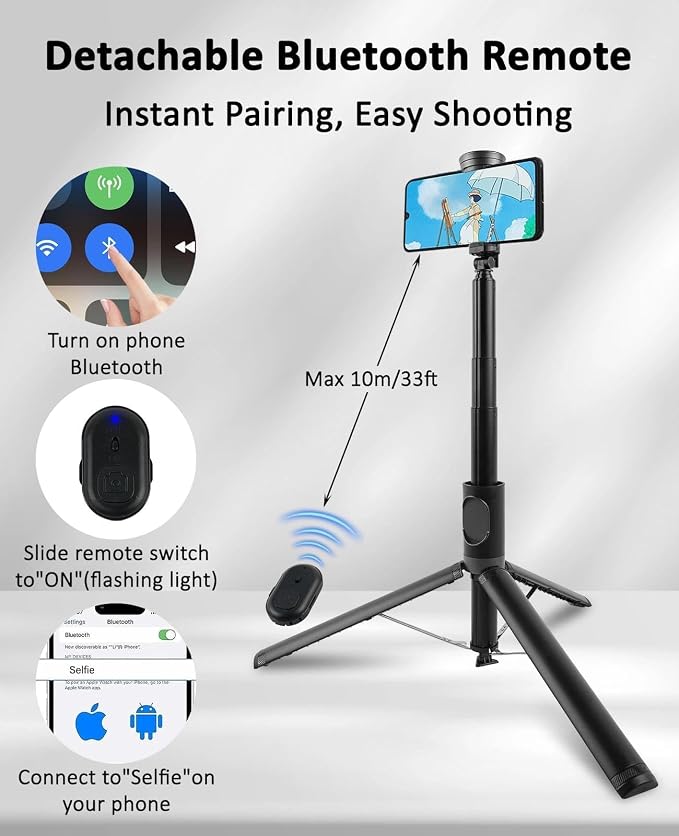 WOVTE 67" Automatic Phone Tripod, Auto-Open Selfie Stick Tripod with Wireless Remote, Portable Travel Phone Stand Compatible with iPhone/Android for Photograph, Video Recording, Live Streaming (Black) - Image 7