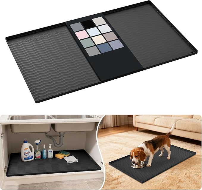 URMONA Waterproof Silicone Under Sink Mat 37'' x 22'' Shelf Liner for Kitchen and Bathroom, Cabinet and Counter Protector, Storage and Organizers, Litter Mat, Pet Cat Puppy Essentials(Black) by URMONA