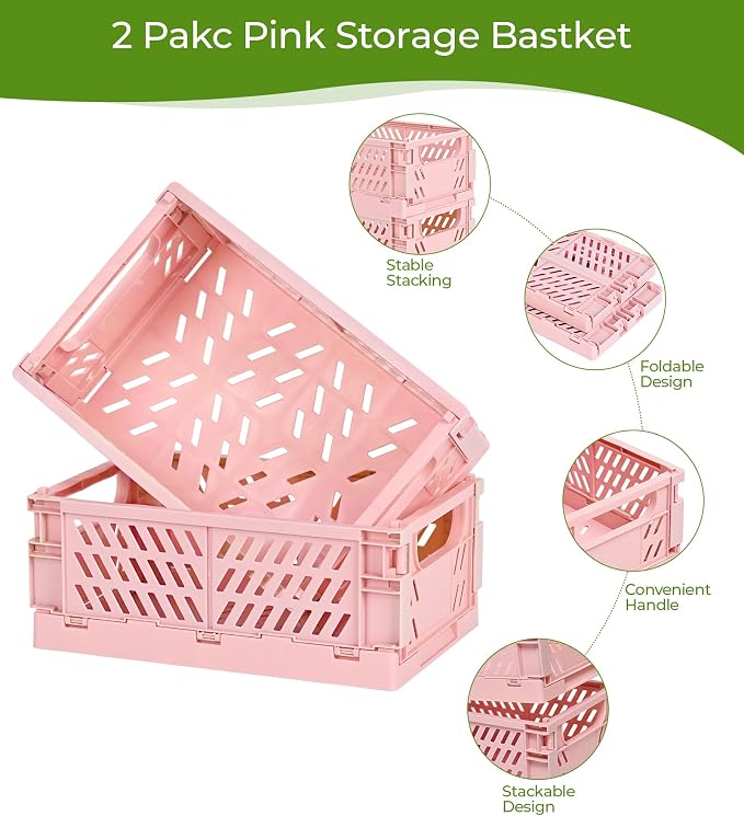 HUUSMOT 2-Pack Collapsible Plastic Storage Baskets, Pink, 9.8"x6.5"x3.8" | Pastel, Space-Saving, Collapsible Plastic Bins, Cute Mini Storage Crates, for Classroom, Kitchen, Office, Bedroom - Image 2