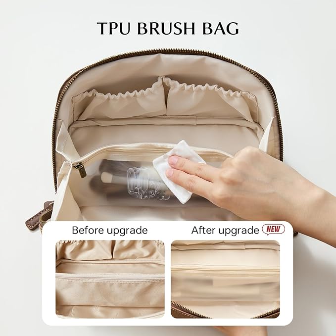 EACHY Travel Makeup Bag for Women, Faux Suede Cosmetic Bag, Brown, Medium | Faux suede organizer with flat-open access, clear TPU brush pocket and carry handle for daily makeup, toiletries and travel - Image 3