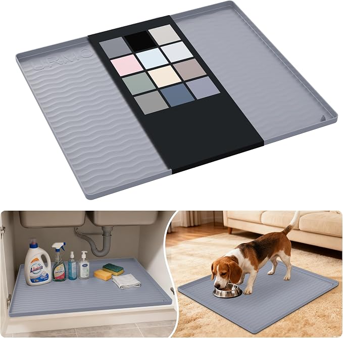 URMONA Waterproof Silicone Under Sink Mat 25'' x 22'' Shelf Liner for Kitchen and Bathroom, Cabinet and Counter Protector, Storage and Organizers, Litter Mat, Pet Cat Puppy Essentials(Light Grey) by URMONA