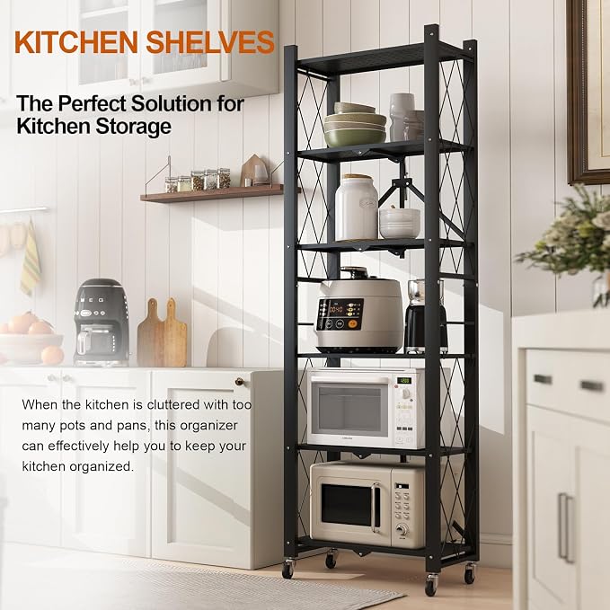 6-Tier Foldable Storage Shelves with Wheels Folding Bookshelf no Assembly | Folding Metal Shelf Unit, Collapsible Shelves for Craft Shows for Kitchen, Bedroom, Living Room, Black - Image 3