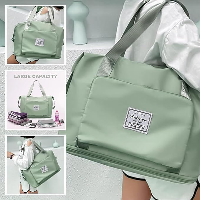 Large Capacity Travel Bag, Foldable Travel Bag, Expandable Duffel Bag, Collapsible Waterproof Large Capacity Handbag, Overnight Bags for Women and Man(Light Green+Toiletry Bag) - Image 2