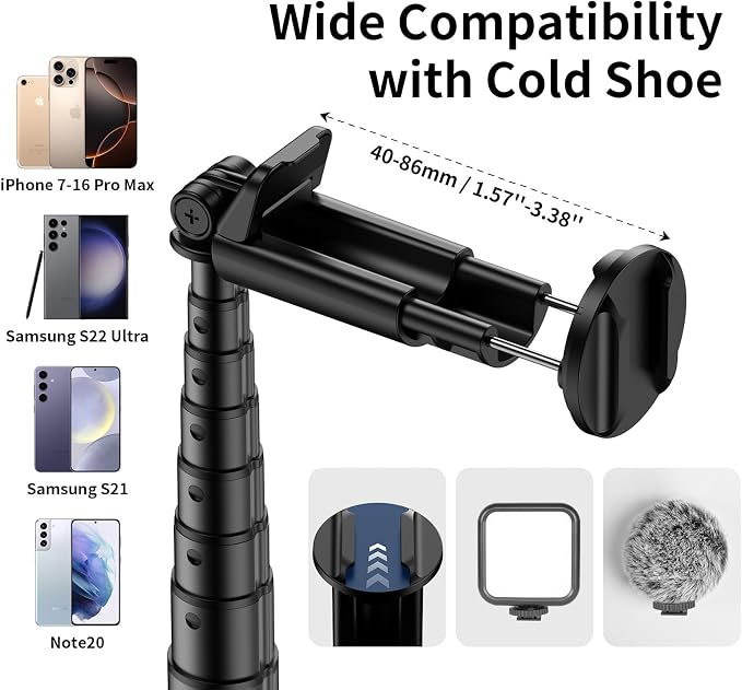 67'' Automatic Phone Tripod, Auto-Open Selfie Stick for iPhone with Remote, 360° Rotatable Extendable Phone Stand for Video Recording Vlog, Stable Travel Tripod Compatible with iPhone Android - Image 6