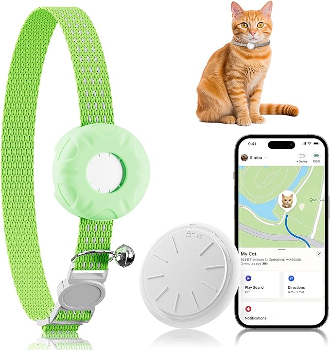 Smart Cat GPS Tracker, Cat Tracker Collar with Safety Elastic Buckle, Compatible with Apple Find My App (Only iOS), No Monthly Fee, Waterproof (White Tracker, Green Cat Collar) by ZFSJTAG