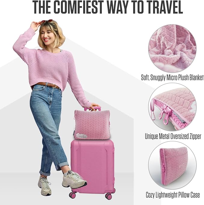 VENTURE 4TH Travel Blanket Pillow, 2-in-1 Soft Plush - Pink | 68"x42" ultra-soft micro plush Blanket. Folds into portable Pillow Case with Travel Sleeve & Clip. Lint-free, no shedding. - Image 3