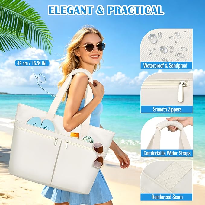 HUANLANG Large Beach Bags for Women Pool Bag with Zipper, Waterproof Sandproof Beach Tote Travel Bag with Wet Pocket - Image 3