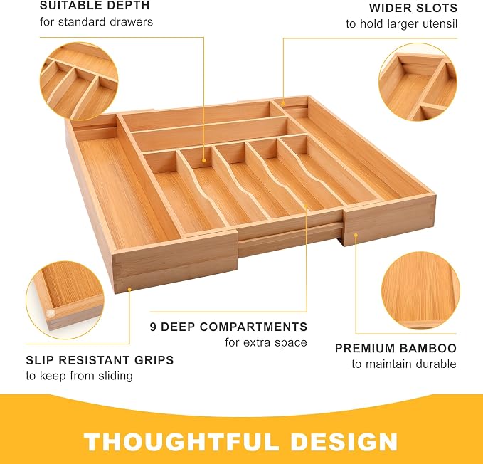 Large Premium Bamboo Silverware Organizer - Expandable Drawer Organizer & Utensil Organizer - 17"x19.7" Cutlery Tray with Dividers for Kitchen Utensils and Flatware (7-9 Slots) (Natural) - Image 6