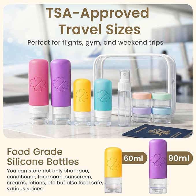 26-Piece TSA Approved Travel Toiletry Kit, Leak-Proof Silicone Refillable Bottles for Shampoo, Conditioner & Lotion, Travel Size Containers with Pill Organizer, Spray Bottle & Sewing Kit - Image 3