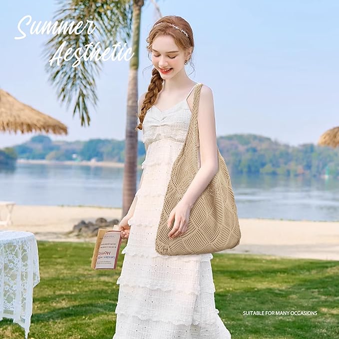 hatisan Crochet Bag for Women, Handmade Knit Beach Tote Bag Summer - Image 2