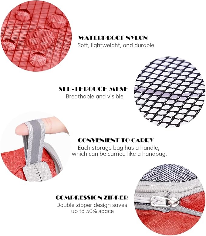 NiHome 7PCS Compression Packing Cube Set Expandable Mesh Travel Bag Luggage Organizers with Electronic Cable Cord Charger Organizer Drawstring Bag (Red) - Image 5