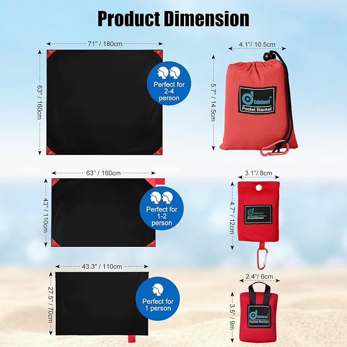 Odoland Sandproof Beach Blanket, Waterproof Portable Mat with Carry Pouch | 63“x43” Quick Drying & Foldable Lightweight Sand Free Beach Mat Tarp for Hiking, Camping, Travel, Red - Image 2
