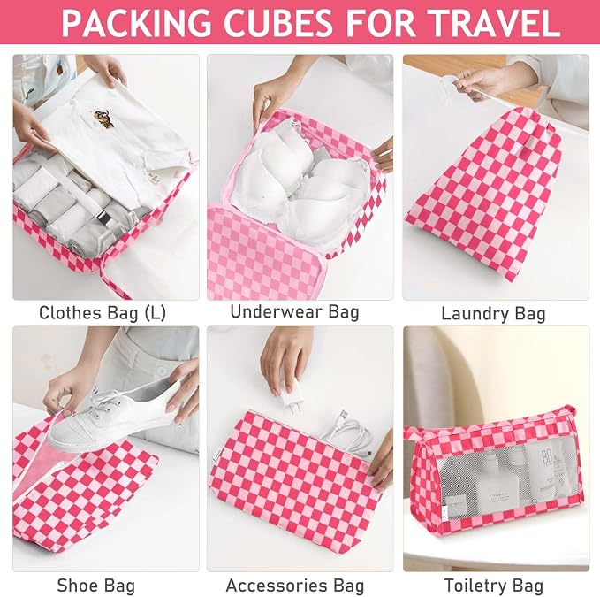 KPX 8 Set Packing Cubes for Travel, Luggage Packing Organizers Accessories Large Toiletries Bag for Clothes Shoes Cosmetics (8Set-Rose Checkered) - Image 4