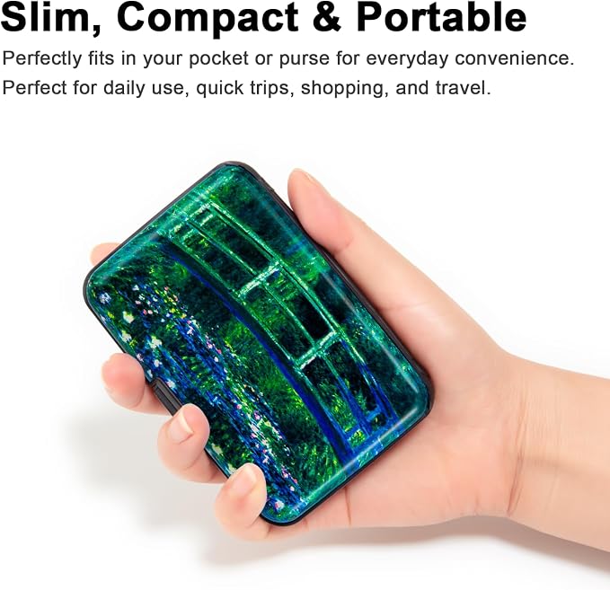 Credit Card Holder Wallet for Women Men RFID Blocking Small Metal Business Aluminum Protector Sleeves Slim Mini Cards Case (Bridge and Water Lily Pond) - Image 2