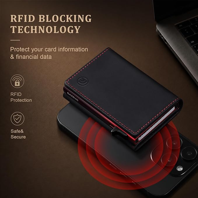 Wallet for Men Full Grain Leather Wallet with 2 ID Windows RFID Blocking Trifold Pop Up Credit Card Holder Wallet 9-11 Cards Slim Minimalist Genuine Leather Wallet for Men-Black Red - Image 4