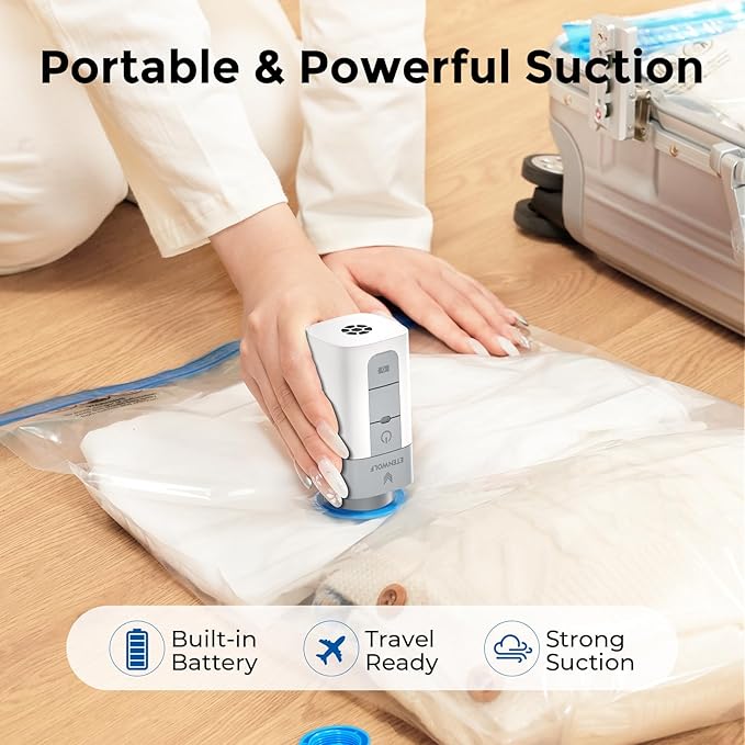 ETENWOLF 20 Combo Vacuum Storage Bags for Travel with Wireless Pump | Vacuum Seal Bags for Clothing Travel, Compression Packing Bags for Clothes and Blankets, Space Saver Bags in Carry-On Sizes - Image 5