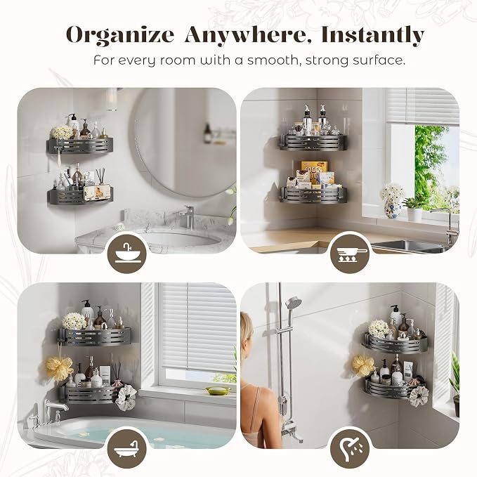 Corner Shower Caddy Suction Cup,Shower Shelves with Hooks,No Drilling Powerful Suction Bathroom Organizers and Storage,Removable Waterproof Rustproof Shower Bathroom Accessories Decor(Grey 2Pack) - Image 10