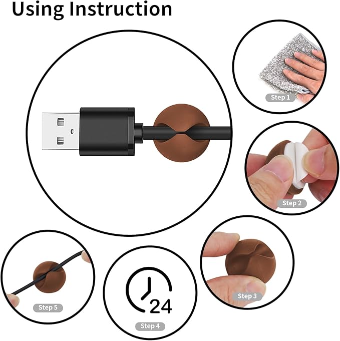 12PCS Coffee Adhesive Cable Clips Cord Organizer for Wire Management | Residue-Free Strong Adhesive, No-Drill Install, For Charger Headphone Cords, Home Office Desk Car Nightstand, Wire Organizer - Image 7