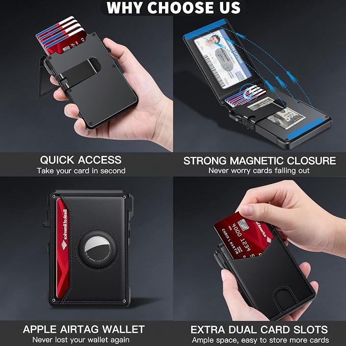 KIKVES Airtag Wallet for Men, Mens Smart Wallet for Air Tag RFID Blocking, Minimalist Bifold Pop Up Aluminum Credit Card Case Holder 12+ Cards with ID Window, Gift for Men, No Airtag Included, Black - Image 6