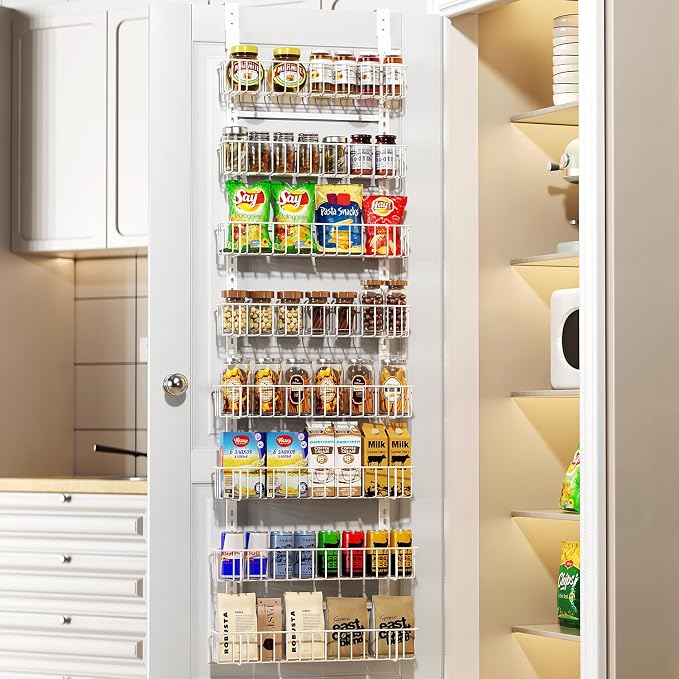 Delamu Adjustable Cabinet Door Organizer, 8-Tier Hanging Spice Rack Organizer, Metal Over the Door Pantry Organizer, Pantry Organizers and Storage Shelves for Kitchen Bathroom Laundry Room, White by DELAMU