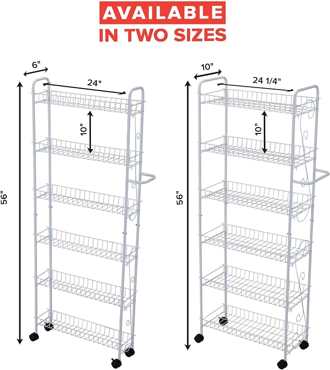 Slim Rolling Pantry Cart 6 Tier Shelf, Space-Saving Kitchen & Spice Rack on Wheels, 10 Inch Deep - White Metal - Image 7