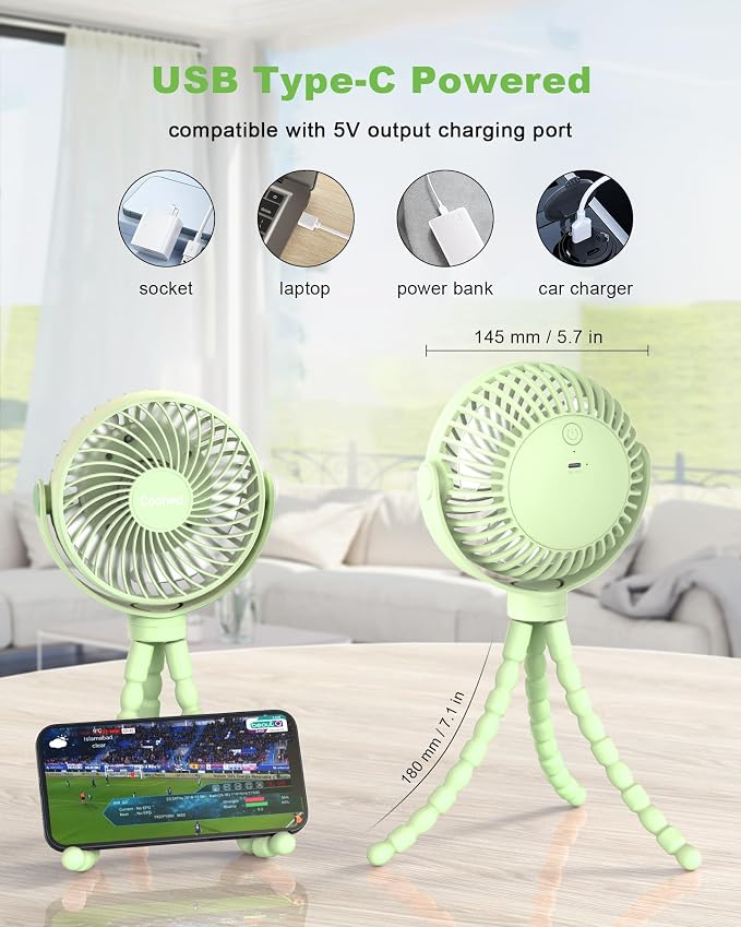 Coohea Clip on Stroller Fan, Rechargeable Long-Lasting Power Wind Fan | 4000mAh Battery Operated, 360° Rotatable Flexible Tripod, 3 Adjustable Speed, Portable Fan for Car Crib Backseat Beach Travel - Image 6