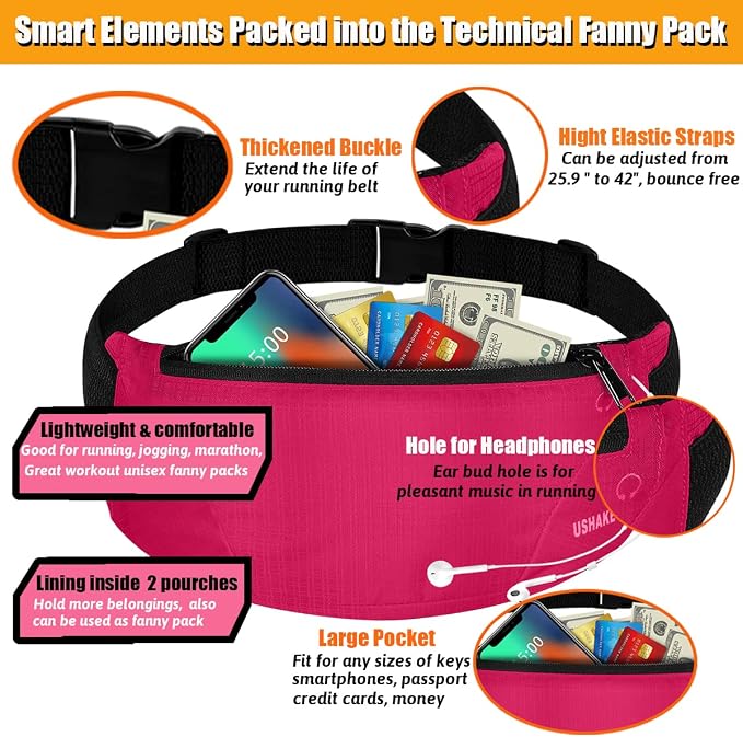 USHAKE Running Belt,Men or Women Ultra Light Bounce Free Waist Pouch Bag Fitness Workout Belt Sport Waist Pack Exercise Waist Bag for iPhone Samsung LG in Running Gym Marathon (Red) - Image 2