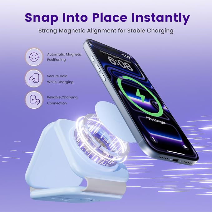 15W Magnetic Travel Charging Station, 3-in-1 Foldable MagSafe Charger | Wireless Charger for Apple Multiple Devices - iPhone Air 17 16 15 14 13 13 Pro Max, Watch & AirPods - Sky Blue - Image 3