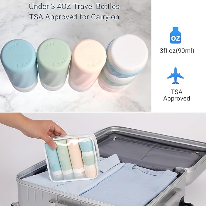 11 Pack Travel Bottles for Toiletries, TSA Approved 3oz Leak Proof Refillable Silicone Squeezable Containers Kit for Shampoo Lotion Conditioner with Toiletry Bag - Image 7