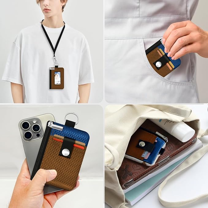 Minimalist RFID Blocking Small Wallet with ID Window,WaterResistant Zip Id Case Wallet with Lanyard Keychain for Cards,Cash,Travel,Women,Men (Brown/Electric Blue) - Image 9