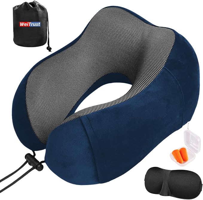 Airplane Pillow, Travel Neck Pillow with Memory Foam - Adjustable Buckle & Machine Washable Cover for Neck Support, Includes Eye Mask & Ear Plugs(Blue) by WeiTrust